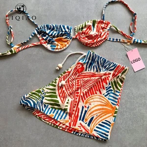 Vibrant Tropical Leaf Pattern Adjustable Tie-Straps Ruched Detail Design Lightweight Quick-Dry Fabric Women's Beachwear Set