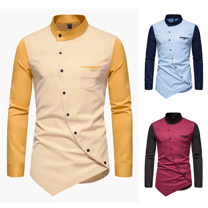 Youth Diagonal Button Irregular Color Contrast Henley Collar Long-sleeved Casual Shirt Large Size Casual Men's Shirts