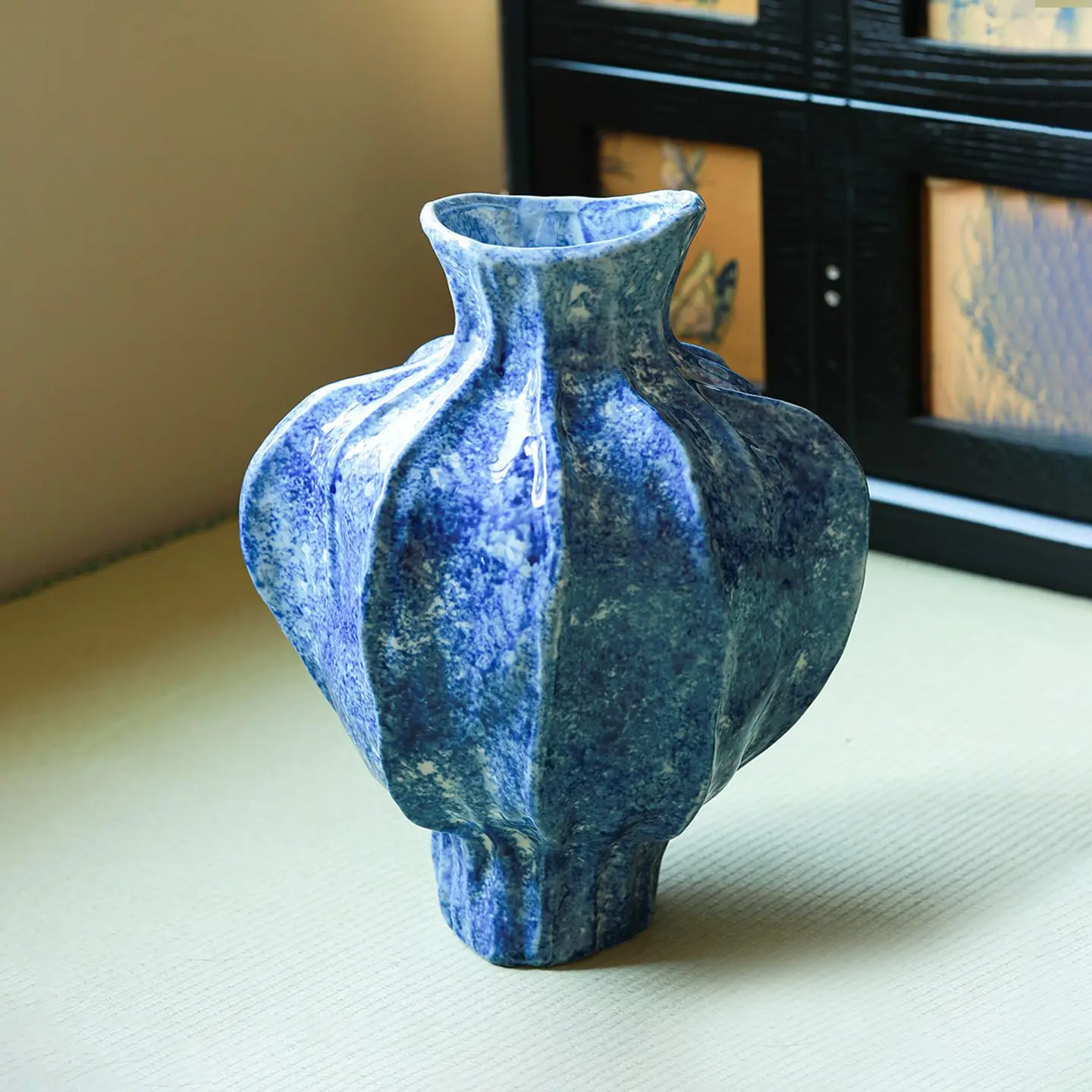 Blue Ceramic Vase with Fluted Texture Marbled Glaze Finish Modern Artistic Home Decor Living Room Flower Arrangement Centerpiece