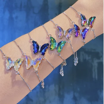 2022 new styles 14k gold plated stainless steel gradient of color butterfly layered butterfly crystal necklaces
