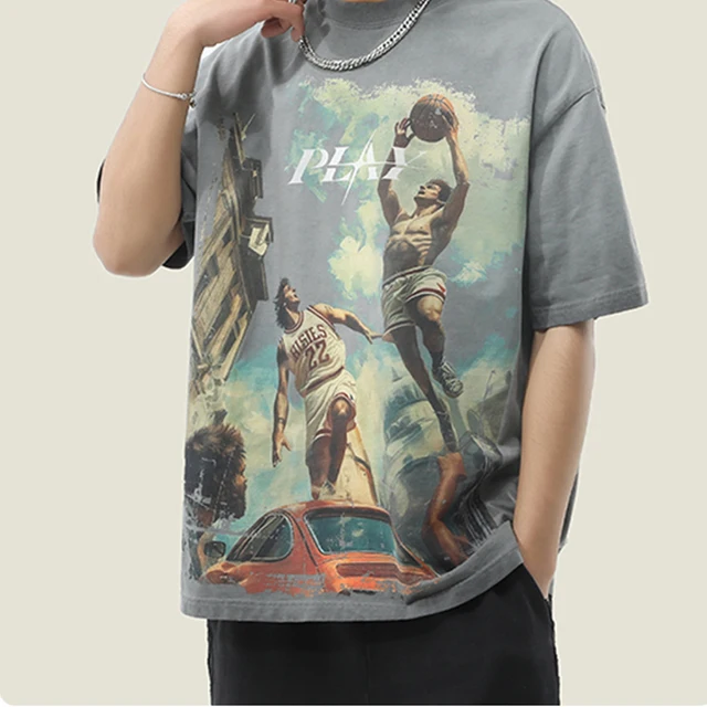 Custo OEM/ODM | Men's Grey American Heavyweight Pure Cotton Tee, Premium Quality, Relaxed Fit, Retro Basketball Style