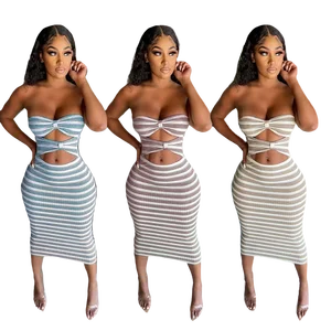 Women's Sexy Striped Hollow Out Sees Butto Wrap Dress-Plus Size for Summer