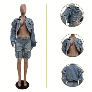 Dropshipping American Size 2026 Wholesale S-2XL Denim Jeans Jackets Ladies Two Piece Shorts Set