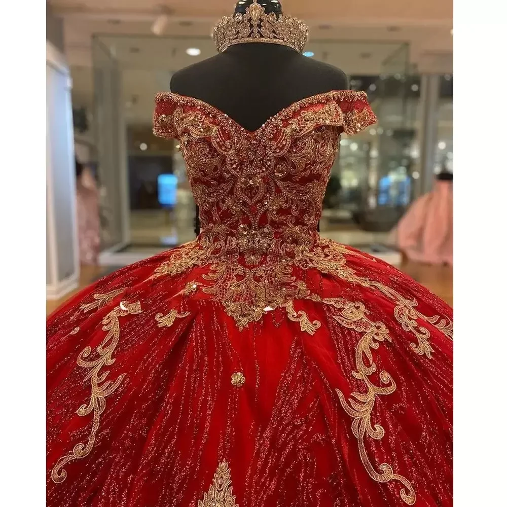 Elegant Red Gold Off Shoulder Sweet 16 Pageant Dress OEM