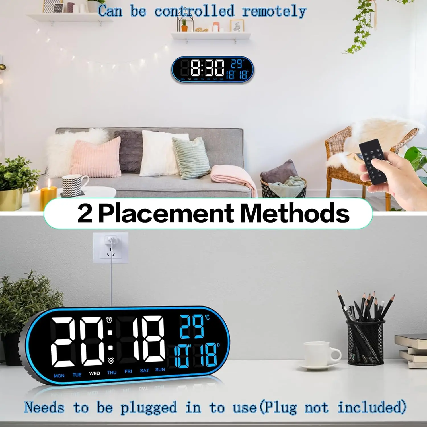Wall-Mounted Large LED Digital Wall Clock with Temperature Date Week Display Alarms Clock Timer Countdown