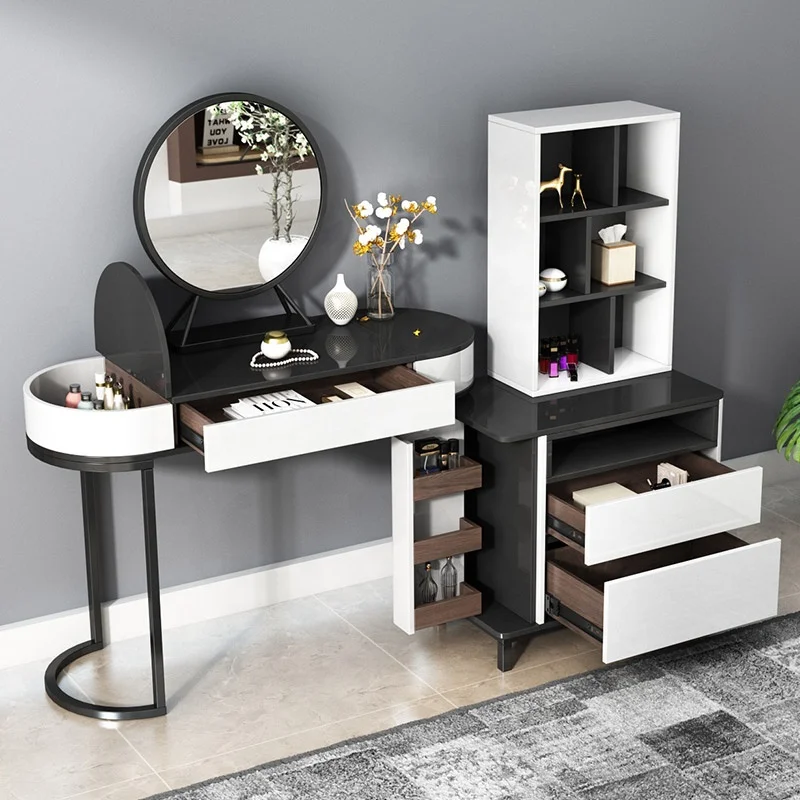 Concise Style Modern Bedroom Round Mirror Black and White Dresser Furniture Makeup Vanity