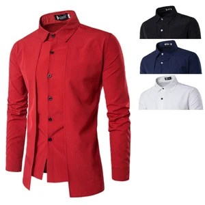 Men New Arrival Court Style False Two Pieces Shirt Long Sleeve Lapel Collar Button Solid Color Casual Shirt
