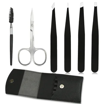 6Pcs Stainless Steel Eyebrow Clip Beauty Scissors Portable Eyebrow Trimming Makeup Gift Sets with PU Leather Case