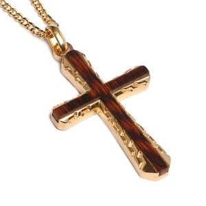 Yellow Gold Plated  Crucifix  Leopard Wood Fashion Jewelry Pendant Stainless Steel Wooden Cross Pendant