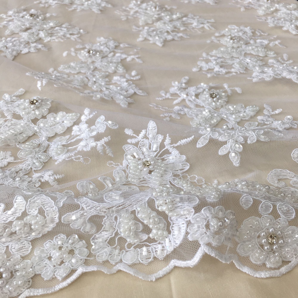 
Роскошная белая вышитая кружевная Тюлевая ткань для невесты с тяжелыми ручными бусинами и блестками кружевная ткань со стразами для свадебного платья 