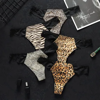 Ice silk seamless leopard print sexy T-pants lace transparent temptation high elastic low waist cotton crotch