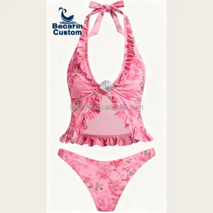 OEM New Fashion Floral Print Bikini Beach Two-Piece Backless Design Swimsuit Bathing Suits Beachwear Swimwear Vacation Outfits