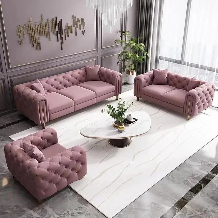 Pink Velvet Tufted Chesterfield Sofa Set Hotel Couch Set Living Room Sofa Set