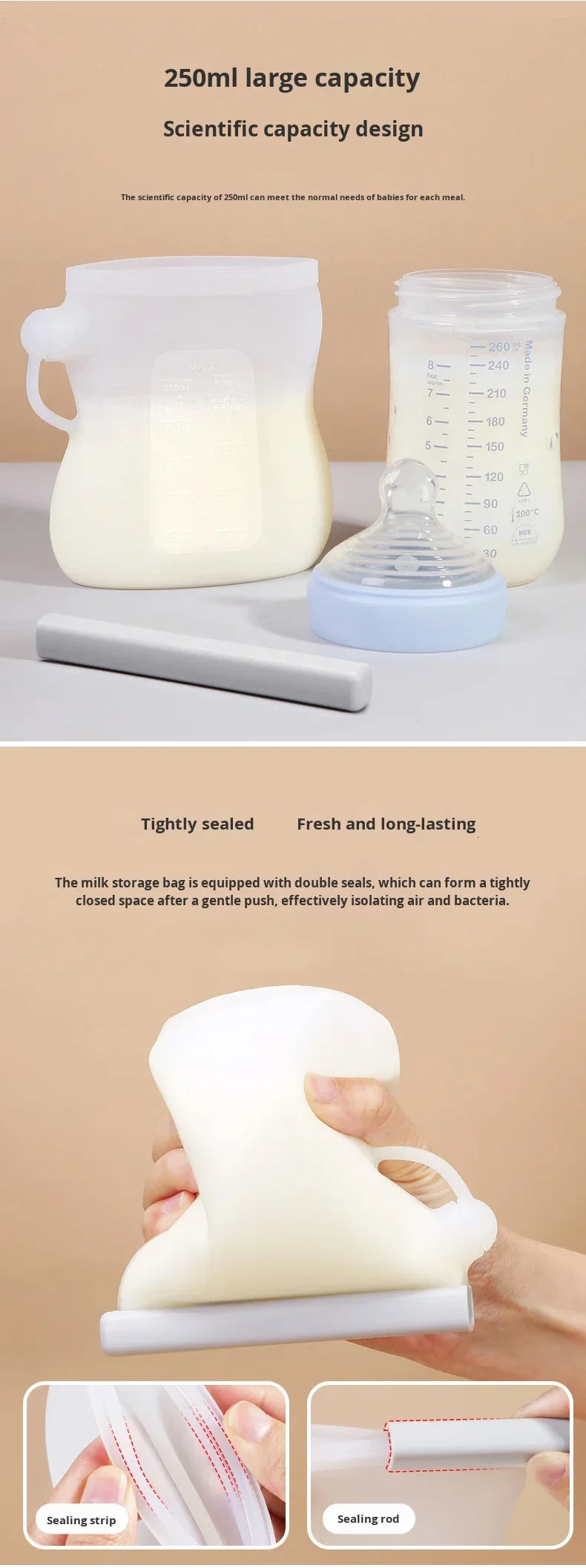 250ml Manual Silicone Breast Milk Storage Bag with Handle PVC Free Reusable Baby Food Storage factory