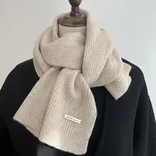 custom Metal LOGO Women winter short neckline warm solid Knitted wool scarf with label