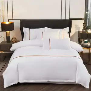 Luxury Embroidery Organic Eco Friendly Bedding Set Cotton 300TC Hotel Style Duvet Cover 4 Pcs Solid Soft Comfort Home