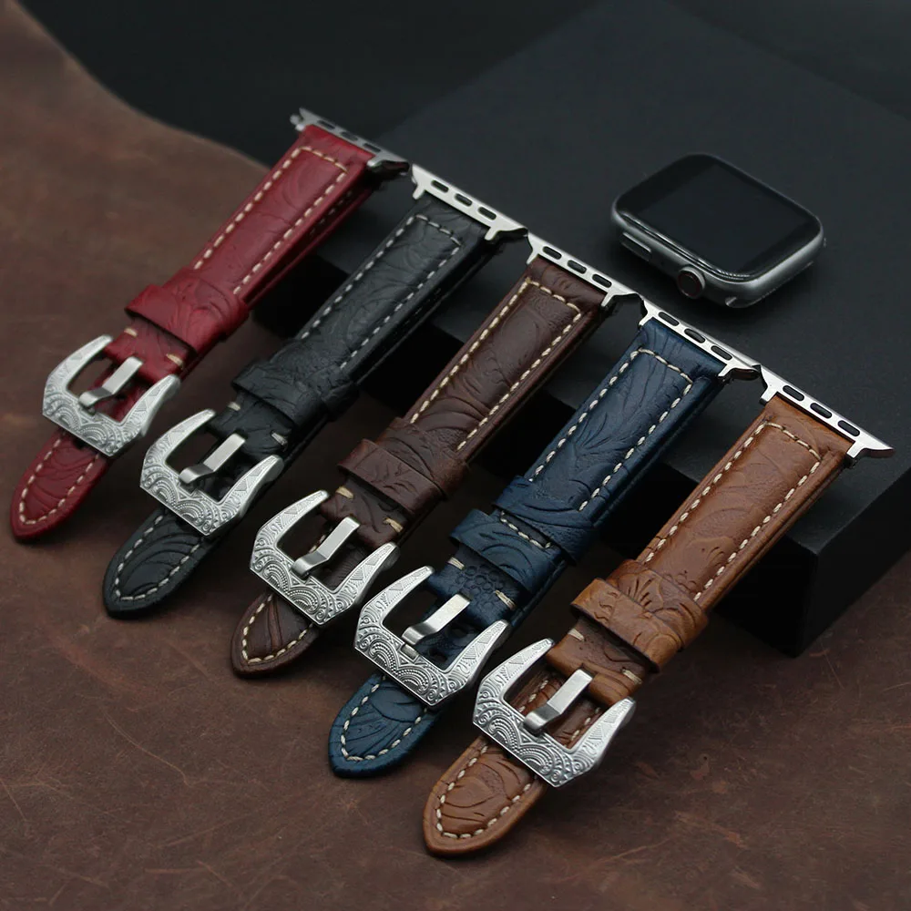 Genuine Luxury Embossed Pattern Leather Strap For Apple Watch Series 7