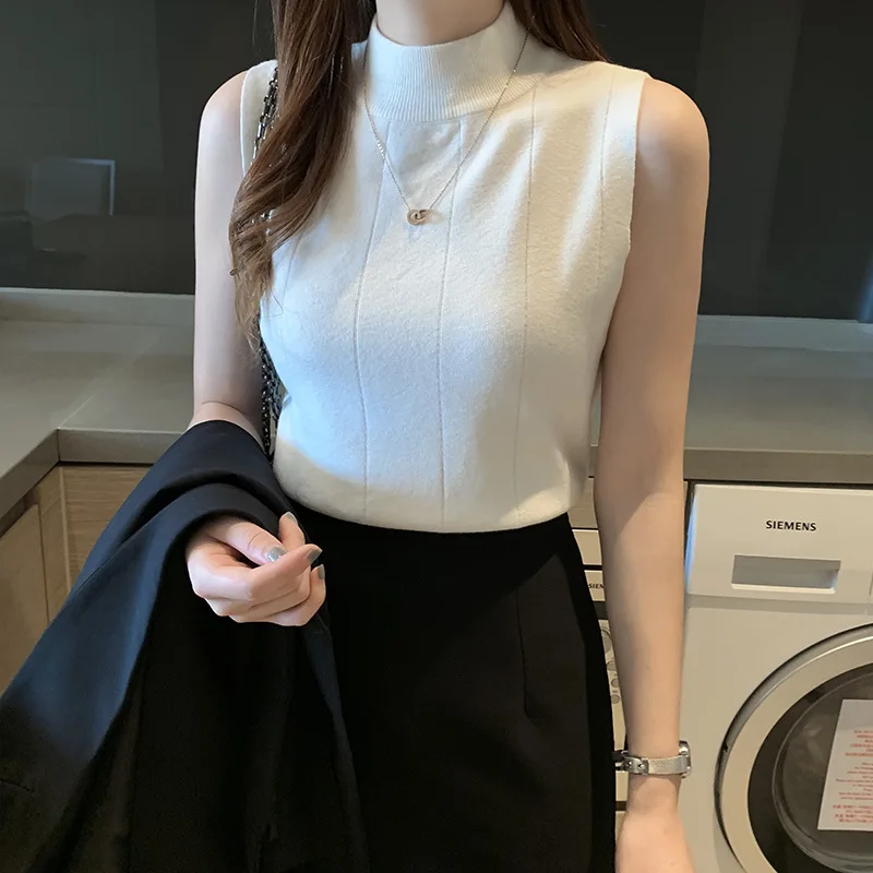 2021Women Girls Pullover Early Autumn New Korean Style Solid Color Sleeveless Knitted Bottoming Stand collar Slim Knitwear