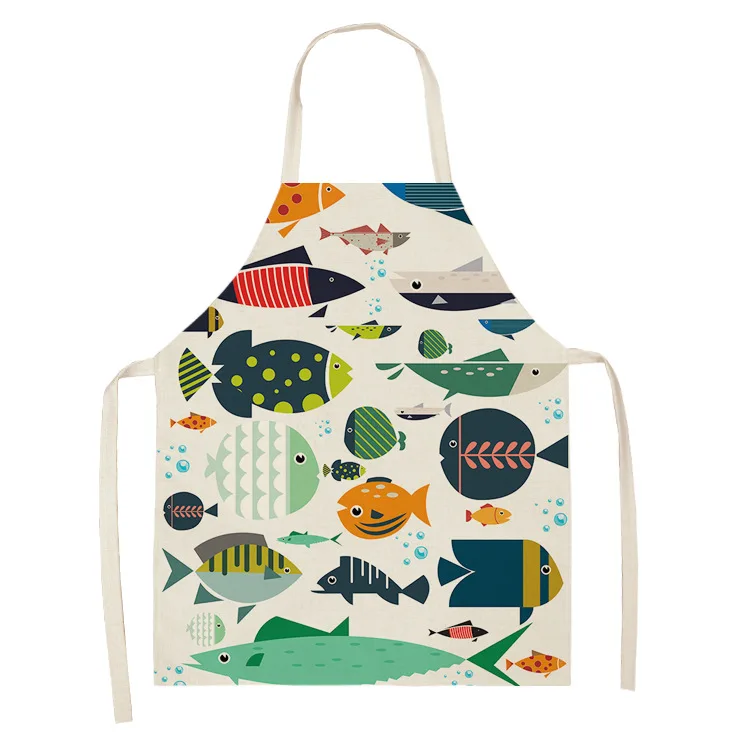Customized Design Logo Print Children's Durable Cotton Linen Fish Style Print Fabric Sleeveless Kitchen Apron