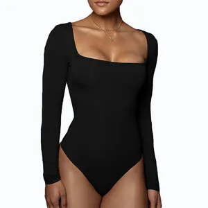 Wholesale Sexy Slim Bodysuit Type Female Long Sleeve Square Collar Basic Bodysuit for Women One Piece