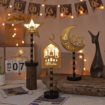 Damai Muslim Eid Mubarak Party Supplies Wood Moon Star Ramadan Lanterns