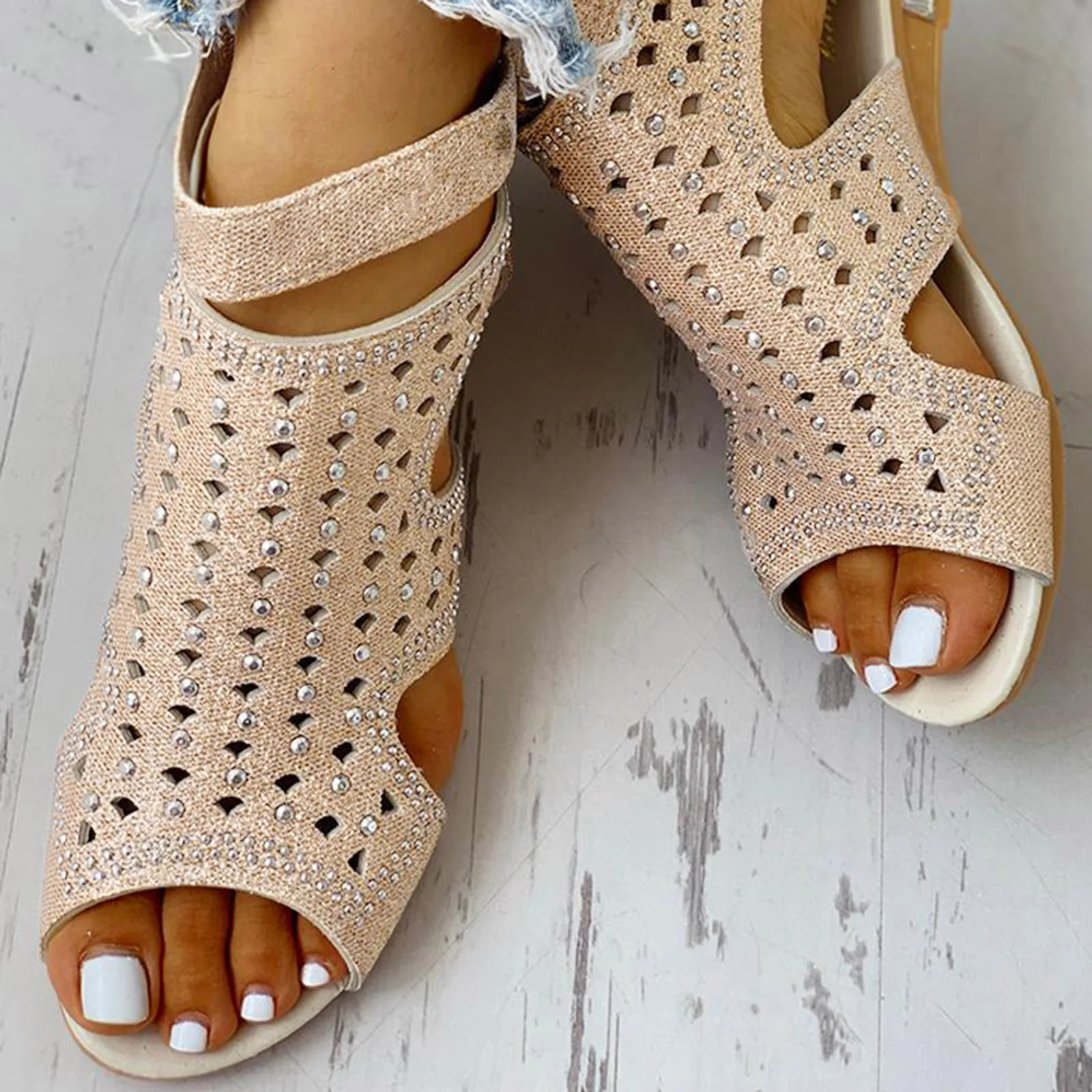 Summer Women's Fashion Sandals with Heels Rhinestones Hollowed Out Fish  Mouth Small Wedge Heels Back Zipper Roman Sandals