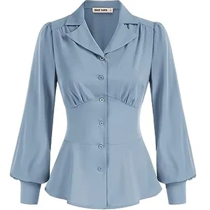 Button Down Shirts for Women Peplum Tops Long Sleeve Work Blouse Collared Shirt Dressy Top