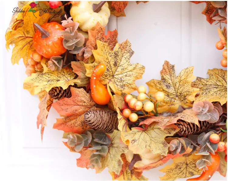 Couronne Décorative Automne En Feuilles D'érable Et Citrouilles Artificielles - 45 Cm, Pour Porte Ou Mur