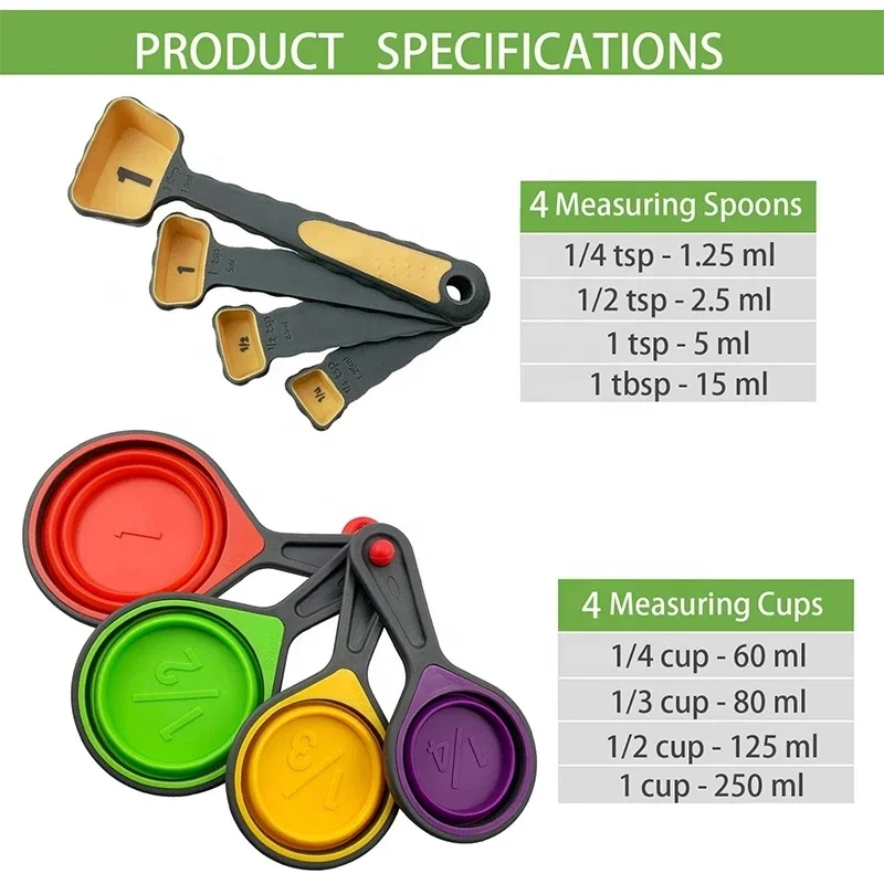 Hotsyang Collapsible Measuring Cups and Spoons Set,8 Pcs Portable Silicone  Measuring Cups and Spoons, for Liquid & Dry Measuring, Collapsible
