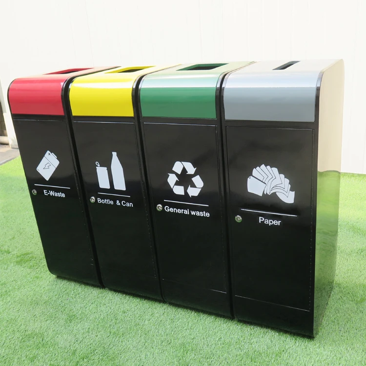Outdoor Street Garbage Bin Large 4 Compartment Recycle Bin Prices Black