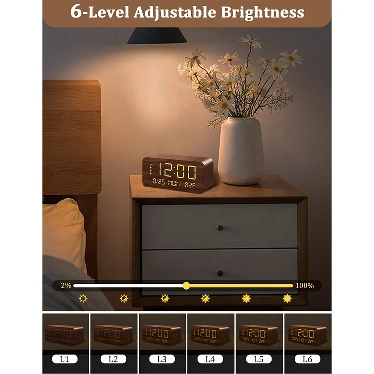 Premium Material Wireless Charging Led Wooden Digital Clock With