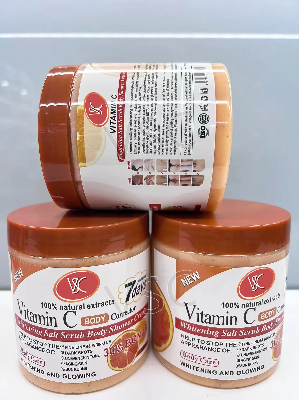 Gommage corporel au sel blanchissant au curcuma, crème de douche, vente en gros, éclaircissant, nettoyant pour le corps et le visage, exfoliant les taches brunes, soin de la peau