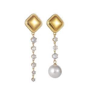 YUKAM Square Geometric Stainless Steel Long Tassel Earrings Zircon Pearl Exaggerated Asymmetric Dangle Earrings Jewelry