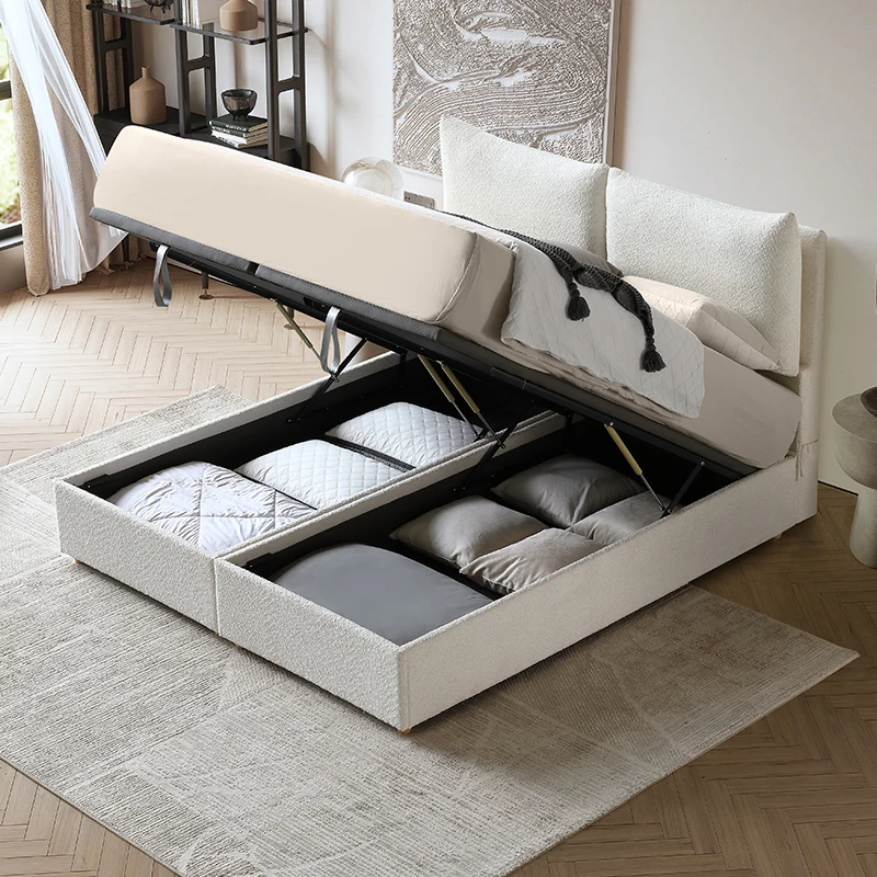 Modern Beige Gas Lift Up Storage Platform Box Bed Frame Queen Size Up ...