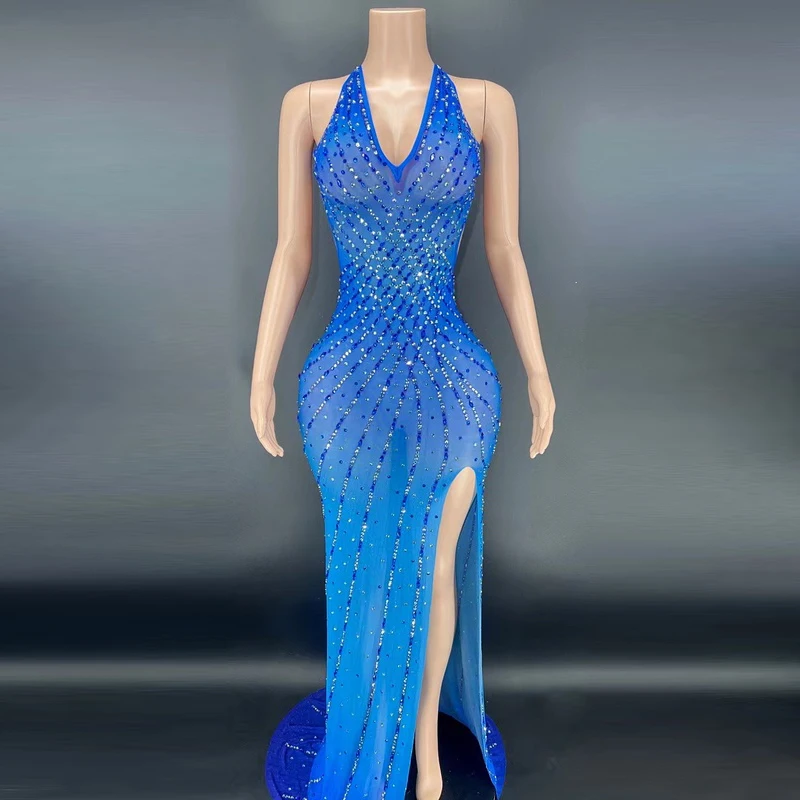 Novance Y2395-D New Summer Outfits Women Royal Blue Rhinestones Glitter  Prom Gown Side Split Advanced Custom Evening Dresses