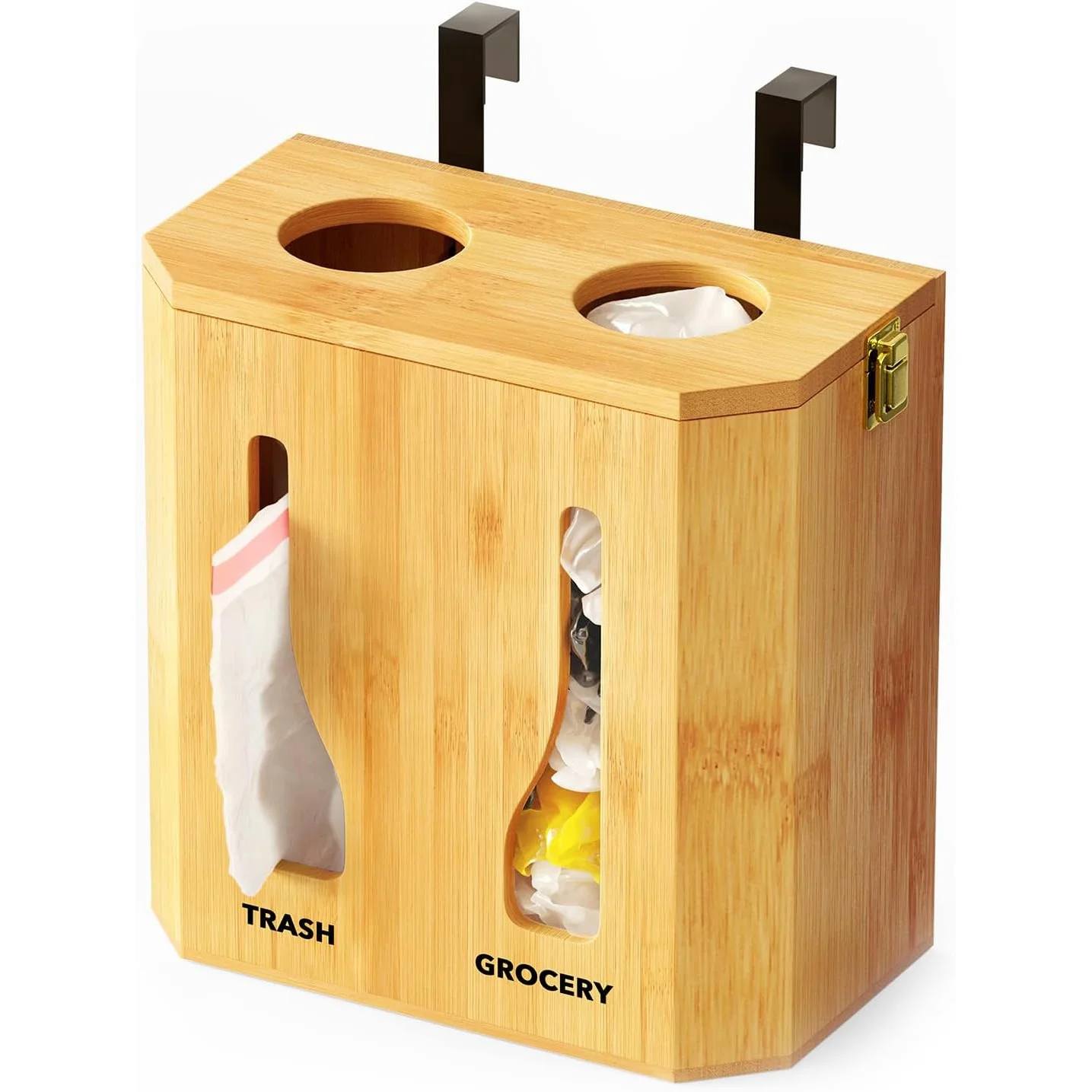 2 in 1 Bamboo Trash Bag Dispenser Grocery Bag Holder Cabinet Wall Mount Plastic Bag Organizer Large Capacity Under Sink Storage