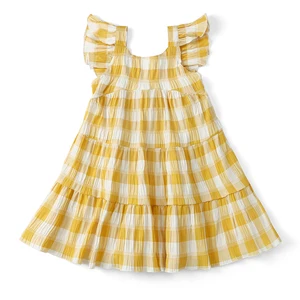 Summer Kids Clothes Wrinkled Cotton Plaid Printing Petal Sleeve Dress Ruffles Baby Girl Dresses Summer