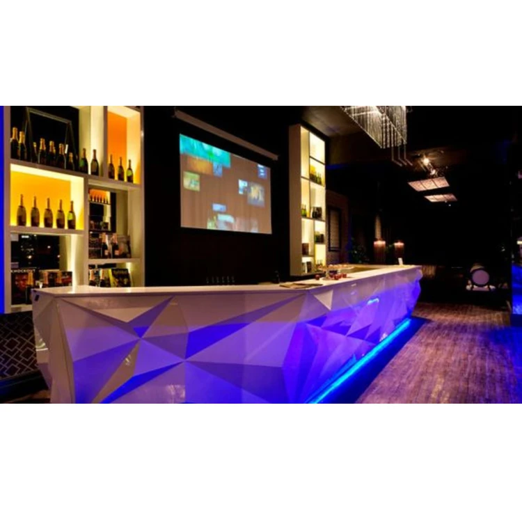 RGB Led Coffee Bar Counter Interior Design White U Shape Marble Stone Service Desk