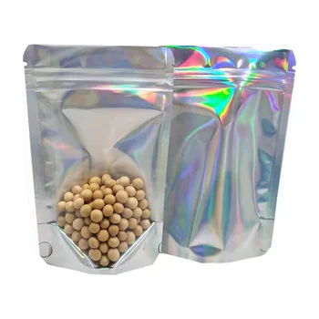 Wholesale Plastic Translucent Stand up Laser Zip Lock Bag Clear Front Holographic Snack PET Food Coffee Candy Packing Pouches