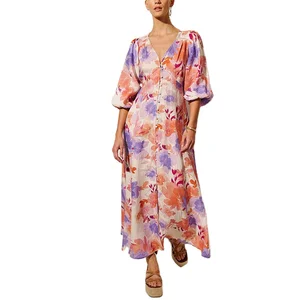 Custom High Quality Spring Summer ManufacturersShort Sleeve Women Design Front Button Linen Loose Casual Print Midi Dresses