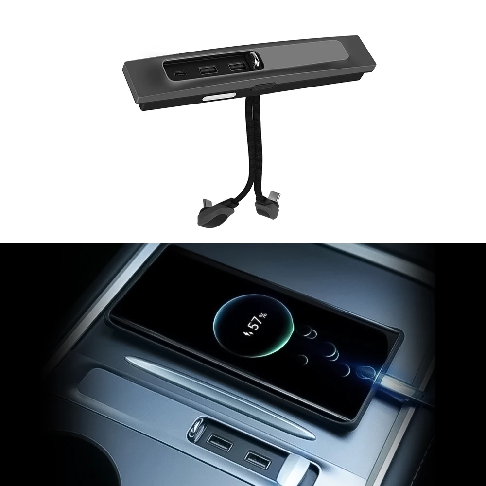 Podofo Center Console Slide Cover Dustproof USB Hub PD Fast Charge Port Intelligent Docking Station for Tesla Model 3 Model Y