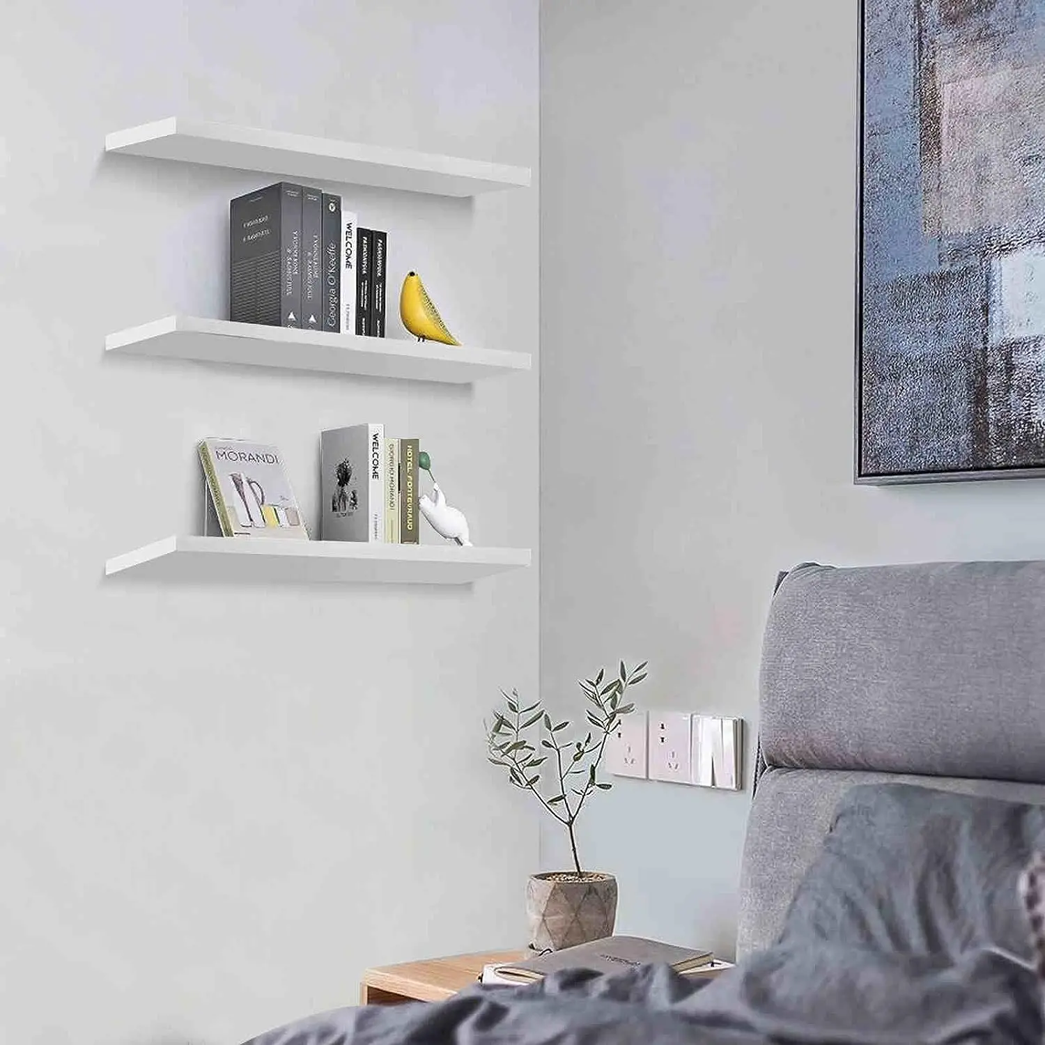 2024 Custom 3 Pieces Set White Solid Wood Wall Storage Shelves Floating Shelves Wall Shelf for Bathroom Bedroom Kitchen