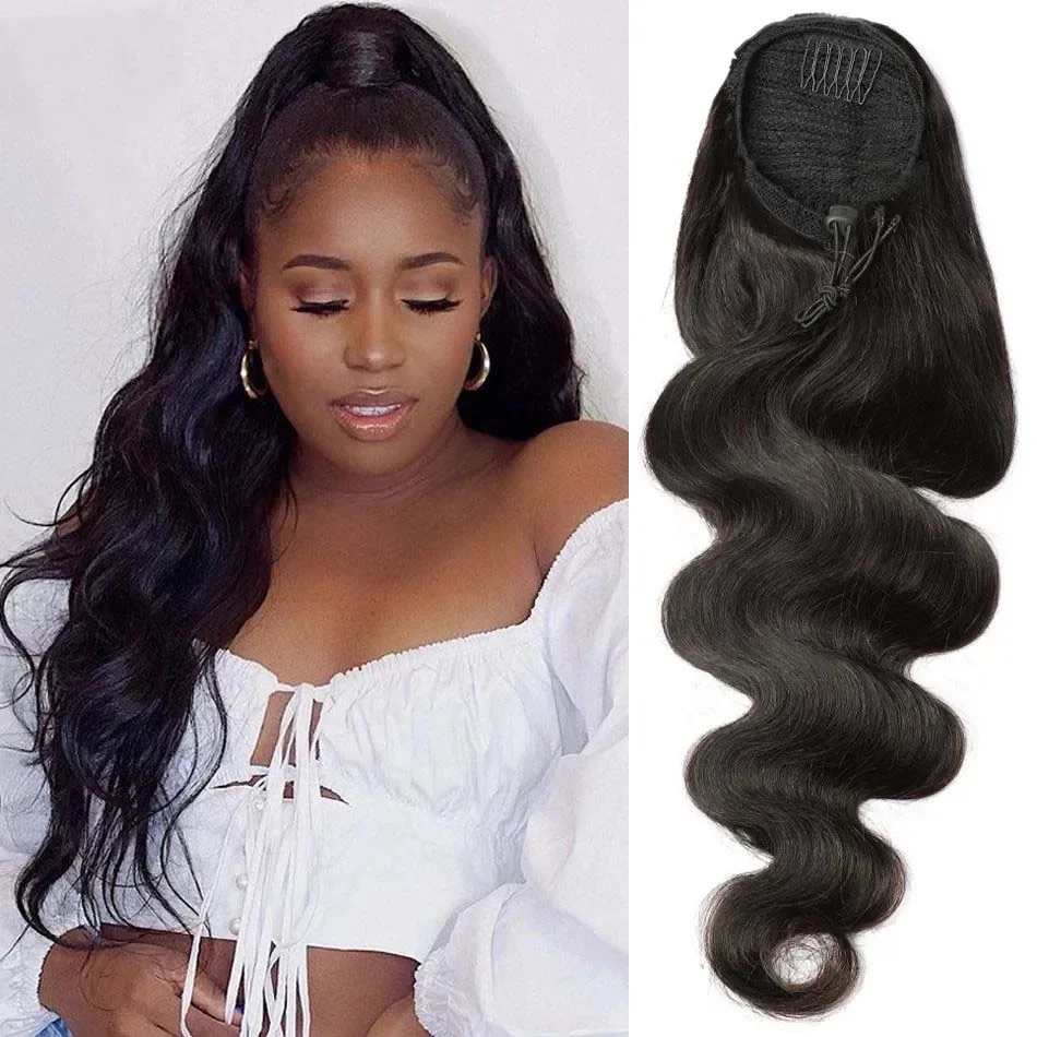 Queue de cheval à clip en cheveux humains ondulés et naturels brésiliens Remy, noir naturel_voghion.com