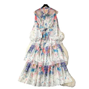 Retro Elegant Dress for Women Luxury Fashionable Printing Waist Binding Chiffon Floral Skirt Long Skirt
