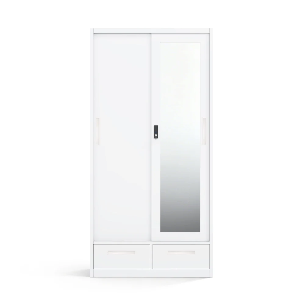 Steel Printed Wardrobe with Sliding Doors Mirror and Dual Drawers 900mm Knock Down Flat Pack