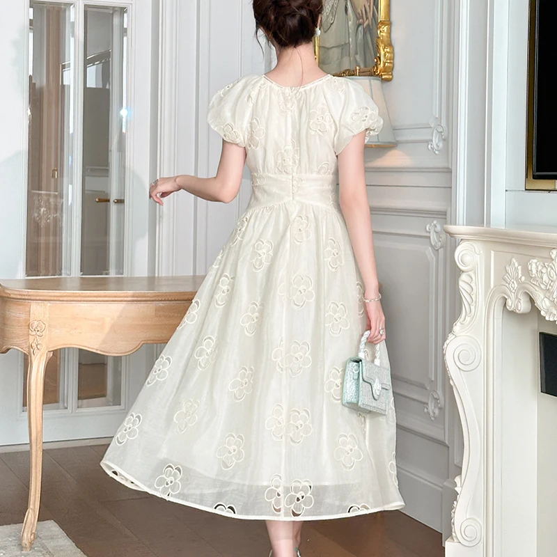 chiffon dress beautiful ZYHT 45214 Wholesale 2026 Korean Chic White Puff Sleeve Floral Embroidered  Midi Dress Natural Waist Woven A-Line Chiffon Dress