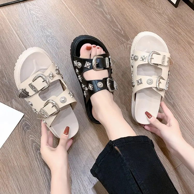 2023 Summer New Fashion Metal Nail Slippers Wear Open-toed Flip-flops ...