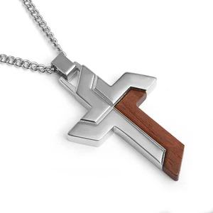 Wholesale TIZTI Pendant Bubinga Leopard Wood with Stainless Steel Cross Jesus Charming Pendant Necklace