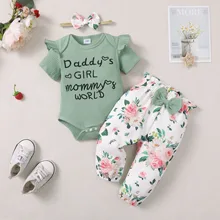 Girls Infant 3-Piece Cotton Short Sleeve Romper with Floral Pants and Headband Printed Pit Stripe Design ODM Kids Baby Clothes