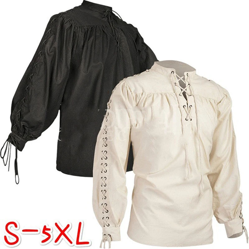 Men's Medieval Pirate Shirt Top Fancy Dress Halloween Clothes Gothic Renaissance